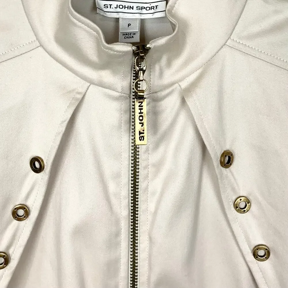 St. John Sport Full Zip Jacket Cotton Stretch Blend 2 Way Zipper Tan Size P